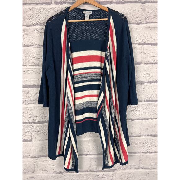 CATHERINES Women's 1X‎ Blue White Striped Cotton Knit Waterfall Cardigan Sweater - Picture 2 of 8